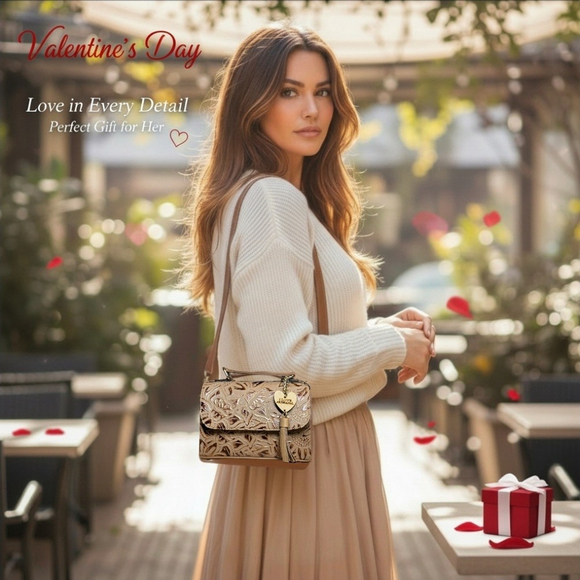 Unbranded Handbags - Gold Camel Beige Sunflower Embossed Tooled Artisan LEATHER Crossbody bag Purse